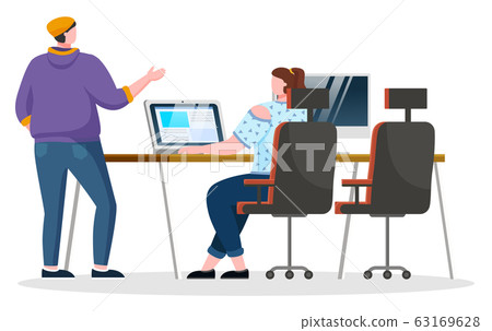 Coworkers Talk About Work at Workplace in Office Coworkers Talk About Work at Workplace in Office 63169628