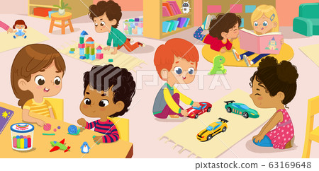 Illustration of the kindergarten class and children's activity in the kindergarten. Multicultural Kids reading books, playing with wooden blocks and toy cars, sculpt clay figures. 63169648
