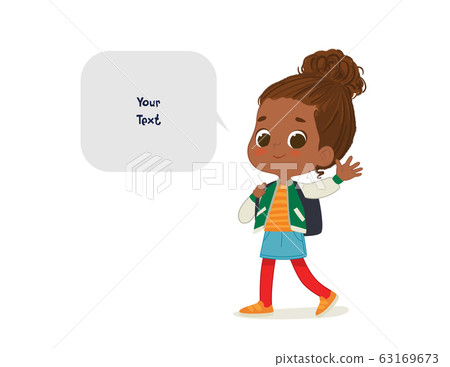 Vector illustration of the African American Girl with the backpack goes to school. Preschool girl walks to school. School girl and speech bubble with place for text isolated on white background Vector illustration of the African American Girl with the backpack goes to school. Preschool girl walks to school. School girl and speech bubble with place for text isolated on white background 63169673