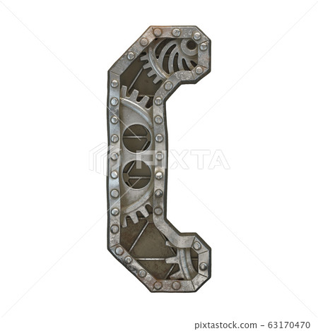 Mechanical alphabet made from rivet metal with gears on white background. Symbol left parentheses. 3D 63170470