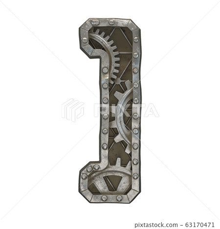 Mechanical alphabet made from rivet metal with gears on white background. Symbol right square bracket. 3D Mechanical alphabet made from rivet metal with gears on white background. Symbol right square bracket. 3D 63170471