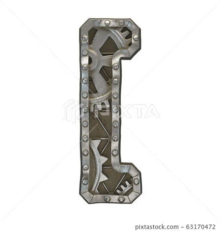 Mechanical alphabet made from rivet metal with gears on white background. Symbol left square bracket. 3D Mechanical alphabet made from rivet metal with gears on white background. Symbol left square bracket. 3D 63170472