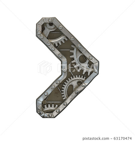 Mechanical alphabet made from rivet metal with gears on white background. Symbol right angle bracket. 3D Mechanical alphabet made from rivet metal with gears on white background. Symbol right angle bracket. 3D 63170474
