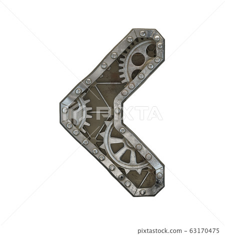 Mechanical alphabet made from rivet metal with gears on white background. Symbol left angle bracket. 3D 63170475