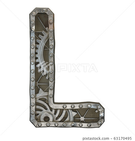 Mechanical alphabet made from rivet metal with gears on white background. Letter L. 3D 63170495