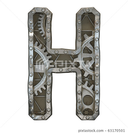 Mechanical alphabet made from rivet metal with gears on white background. Letter H. 3D Mechanical alphabet made from rivet metal with gears on white background. Letter H. 3D 63170501