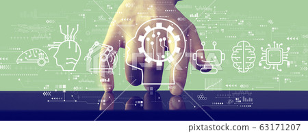 Future technology concept with hand pressing a screen Future technology concept with hand pressing a screen 63171207