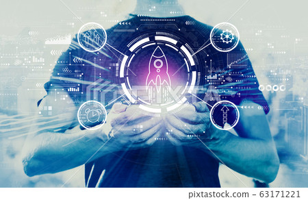 Rapid growth concept with man holding smartphone Rapid growth concept with man holding smartphone 63171221