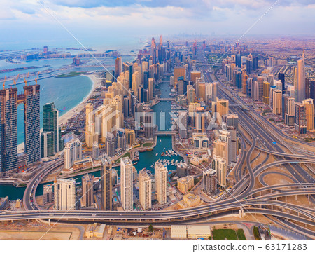 Aerial view of Dubai Downtown skyline, highway 63171283