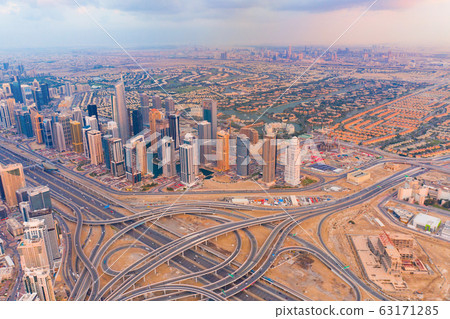 Aerial view of Dubai Downtown skyline, highway 63171285