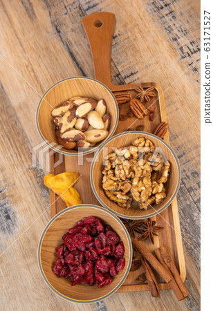 Mixed nuts and dried fruits in wooden bowl on wood background, copy space 63171527