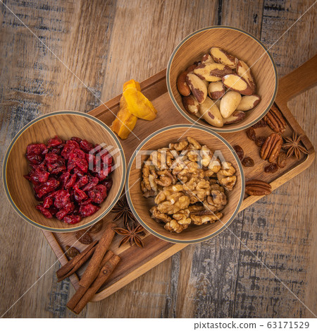 Mixed nuts and dried fruits in wooden bowl on wood background, copy space Mixed nuts and dried fruits in wooden bowl on wood background, copy space 63171529