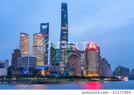 Evening view of Pudong city skyscrapers 63172984