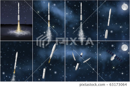 Realistic rocket fly set. 8 vector illustrations of the coherent stages of the carrier rocket 63173064
