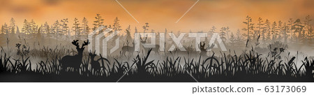 The family of deers stands on the grass field in front of the foggy morning forest. Vector long side 63173069