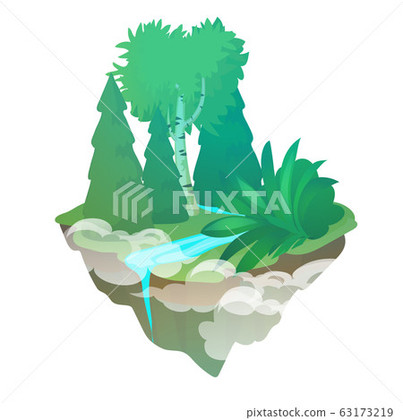 Fragment of forest with a stream isolated on a white background. The flying island. Vector cartoon close-up illustration. Fragment of forest with a stream isolated on a white background. The flying island. Vector cartoon close-up illustration. 63173219