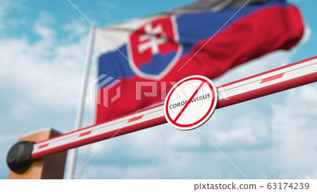 Closing boom barrier with STOP CORONAVIRUS sign against the Slovak flag. Quarantine in Slovakia. 3D rendering Closing boom barrier with STOP CORONAVIRUS sign against the Slovak flag. Quarantine in Slovakia. 3D rendering 63174239