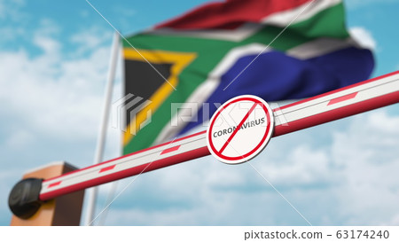 Barrier gate with STOP CORONAVIRUS sign being closed with flag of South africa as a background. South african quarantine. 3D rendering Barrier gate with STOP CORONAVIRUS sign being closed with flag of South africa as a background. South african quarantine. 3D rendering 63174240