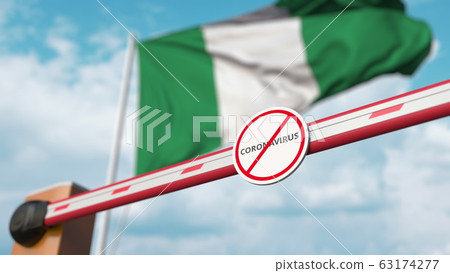 Closing boom barrier with STOP CORONAVIRUS sign against the Nigerian flag. Quarantine in Nigeria. 3D rendering Closing boom barrier with STOP CORONAVIRUS sign against the Nigerian flag. Quarantine in Nigeria. 3D rendering 63174277