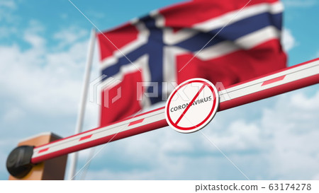 Barrier gate with STOP CORONAVIRUS sign being closed with flag of Norway as a background. Norwegian Quarantine. 3D rendering  63174278