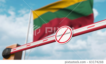Closing boom barrier with STOP CORONAVIRUS sign against the Lithuanian flag. Quarantine in Lithuania. 3D rendering Closing boom barrier with STOP CORONAVIRUS sign against the Lithuanian flag. Quarantine in Lithuania. 3D rendering 63174288