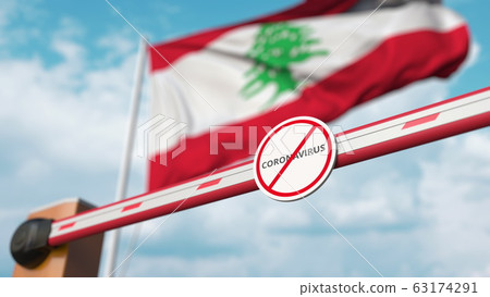 Closing boom barrier with STOP CORONAVIRUS sign against the Lebanese flag. Quarantine in Lebanon. 3D rendering Closing boom barrier with STOP CORONAVIRUS sign against the Lebanese flag. Quarantine in Lebanon. 3D rendering 63174291