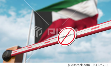 Closing boom barrier with STOP CORONAVIRUS sign against the Kuwaiti flag. Quarantine in Kuwait. 3D rendering Closing boom barrier with STOP CORONAVIRUS sign against the Kuwaiti flag. Quarantine in Kuwait. 3D rendering 63174292
