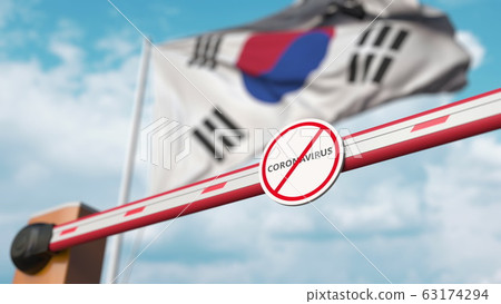 Closed boom gate with STOP CORONAVIRUS sign on the Korean flag background. Quarantine in South Korea. 3D rendering Closed boom gate with STOP CORONAVIRUS sign on the Korean flag background. Quarantine in South Korea. 3D rendering 63174294