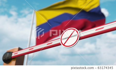 Closed boom gate with STOP CORONAVIRUS sign on the Colombian flag background. Quarantine in Colombia. 3D rendering Closed boom gate with STOP CORONAVIRUS sign on the Colombian flag background. Quarantine in Colombia. 3D rendering 63174345