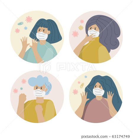 Masked women defends from bacteria vector set Masked women defends from bacteria vector set 63174749