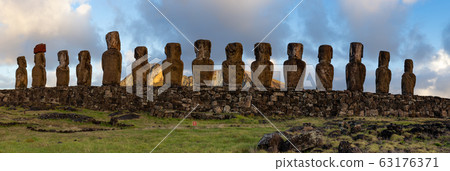 Easter island landscape. Ahu Tongariki. Panoramic Easter island landscape. Ahu Tongariki. Panoramic 63176371