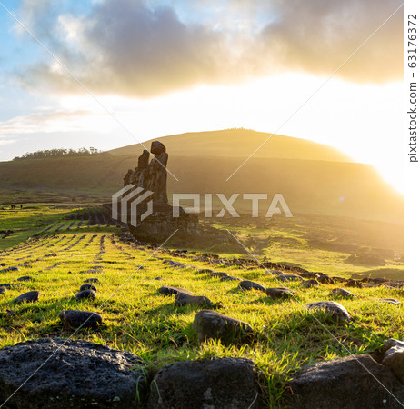 Easter island landscape. Ahu Tongariki. Panoramic Easter island landscape. Ahu Tongariki. Panoramic 63176372