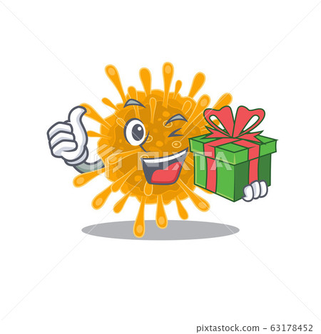 Smiley coronaviruses cartoon character having a gift box Smiley coronaviruses cartoon character having a gift box 63178452