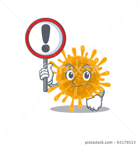Cheerful cartoon style of coronaviruses holding a sign 63178513