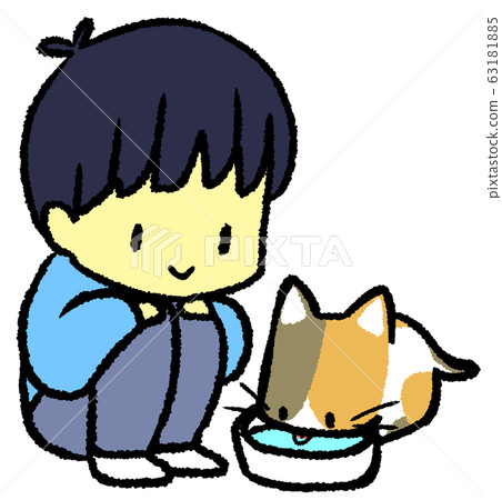 A Baby Cat Watching A Calico Cat Drinking Water Stock Illustration 63181885 Pixta