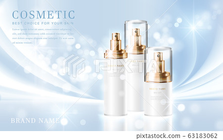 3D elegant cosmetic bottle container with shiny light blue glimmering background template banner. 63183062