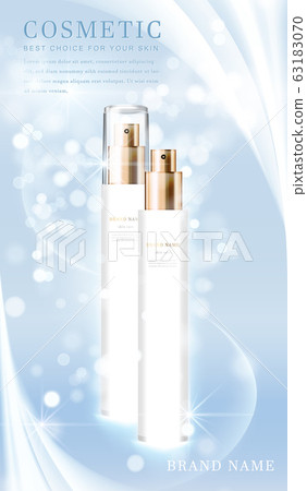 3D elegant cosmetic bottle container with shiny light blue glimmering background template banner. 63183070