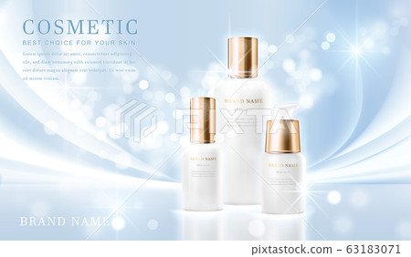 3D elegant cosmetic bottle container with shiny light blue glimmering background template banner. 3D elegant cosmetic bottle container with shiny light blue glimmering background template banner. 63183071