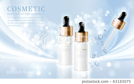3D elegant cosmetic bottle container with shiny light blue glimmering background template banner. 3D elegant cosmetic bottle container with shiny light blue glimmering background template banner. 63183075