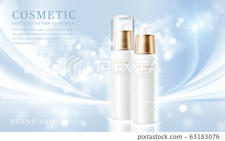 3D elegant cosmetic bottle container with shiny light blue glimmering background template banner. 3D elegant cosmetic bottle container with shiny light blue glimmering background template banner. 63183076