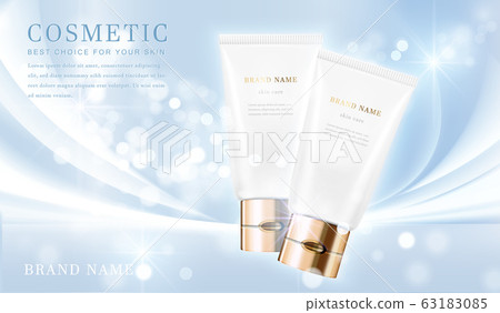 3D elegant cosmetic bottle container with shiny light blue glimmering background template banner. 63183085