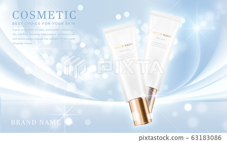 3D elegant cosmetic bottle container with shiny light blue glimmering background template banner. 63183086