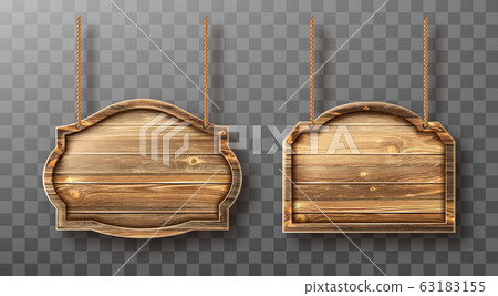Wooden boards on ropes set. Realistic signboards - Stock Illustration ...