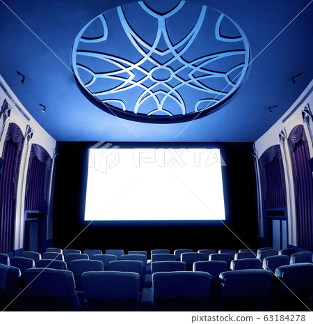 Cinema theater showing empty white movie screen. Cinema theater showing empty white movie screen. 63184278