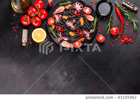 Black seafood pasta with shrimp and octopus 63185062