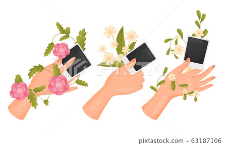 Hands Holding Flowers and Photographs Isolated on White Background Vector Set Hands Holding Flowers and Photographs Isolated on White Background Vector Set 63187106