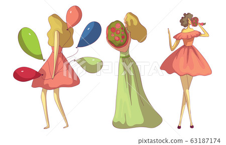 Young Women Holding Bouquets of Flowers and Bunch of Balloons Vector Set Young Women Holding Bouquets of Flowers and Bunch of Balloons Vector Set 63187174