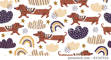 Vector seamless pattern with cute dachshund dogs 63187410