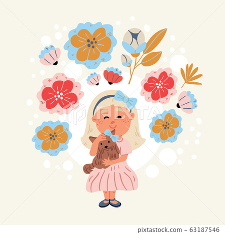 Illustration -girl hugging yorkshire terrier puppy 63187546