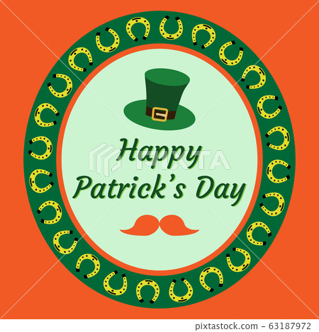 Happy Patricks Day vector illustration Festive frame pattern. Text in a stylish frame on a orange background. Design of banner, poster, flyer, greeting card, logo. Isolated color elements on backdrop. 63187972